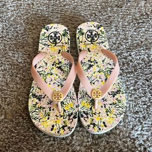 Tory Burch flip flops. Pink floral. Size 7